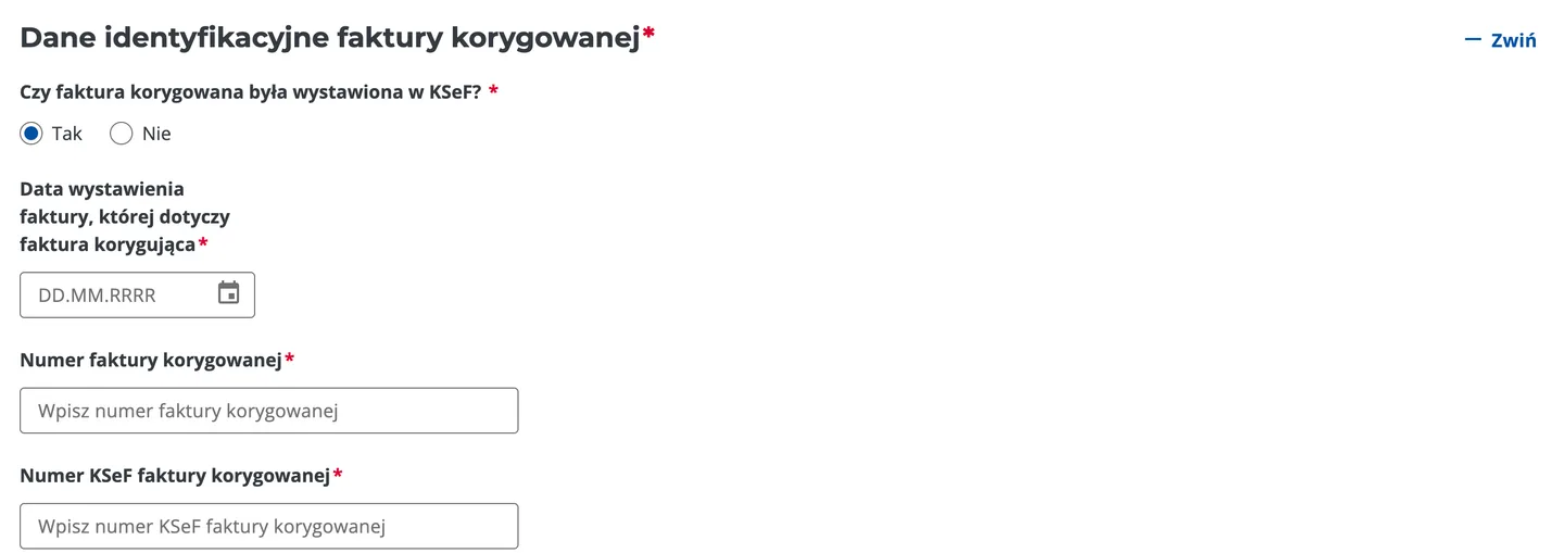 Formularz z danymi faktury pierwotnej, którą koryguje wystawiana korekta