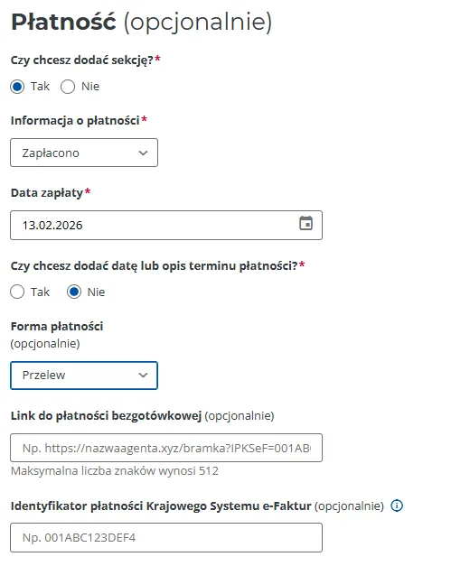 Sekcja płatności przy wystawianiu faktury korygującej w KSeF