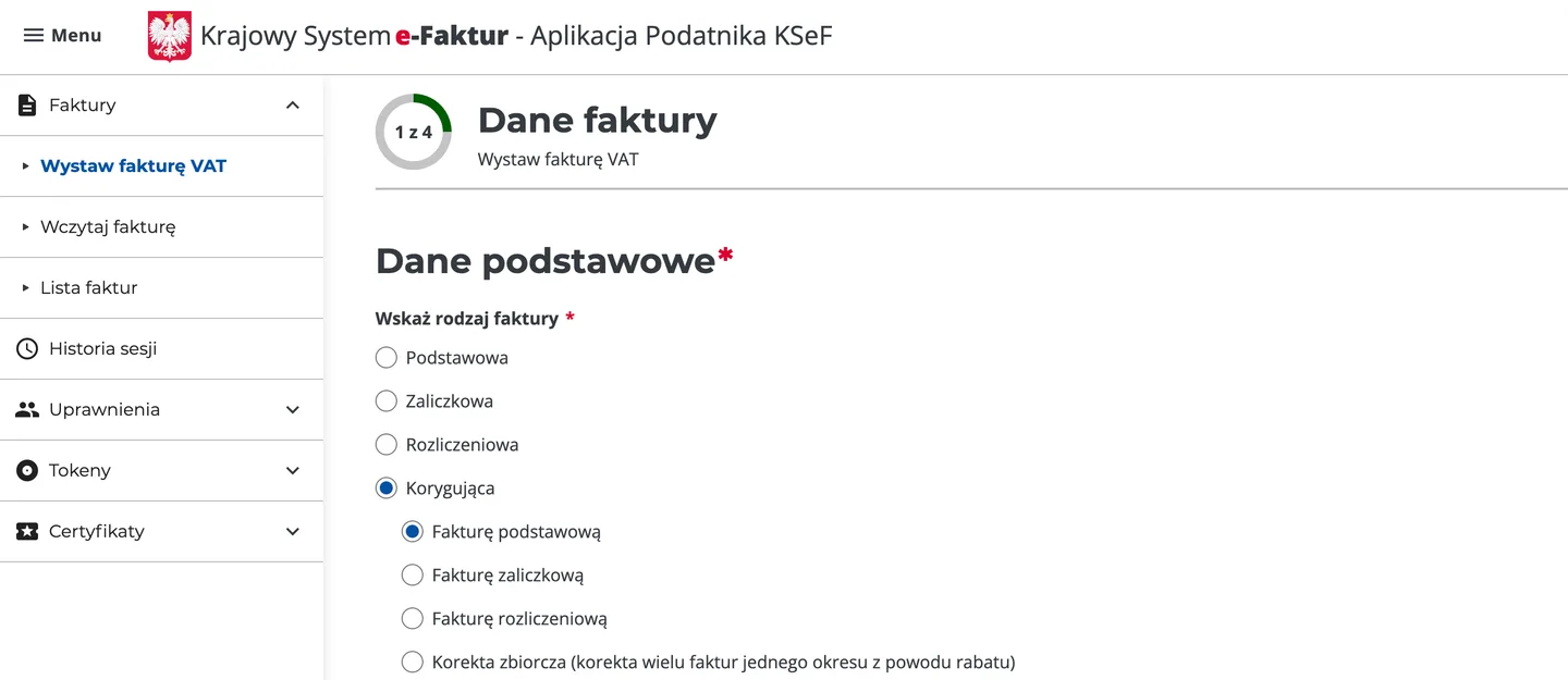 Wybór rodzaju faktury korygującej w Aplikacji Podatnika KSeF