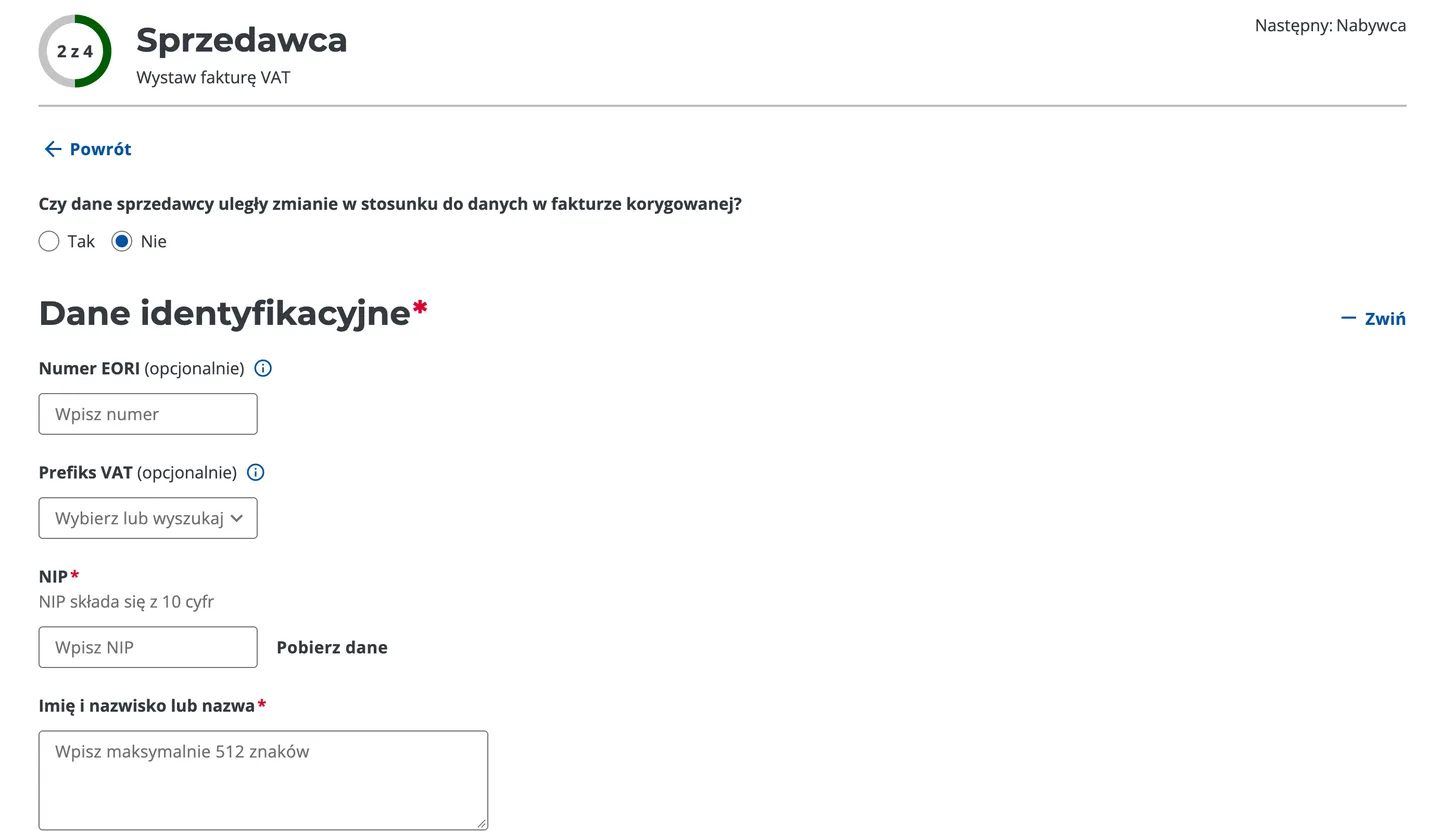 Formularz danych sprzedawcy przy wystawianiu faktury korygującej w KSeF