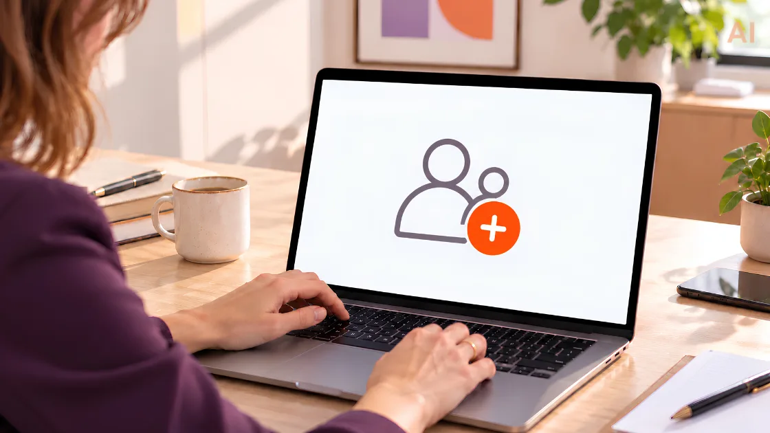 Kobieta pisze na laptopie, na którego ekranie widać ikonę dodawania użytkownika