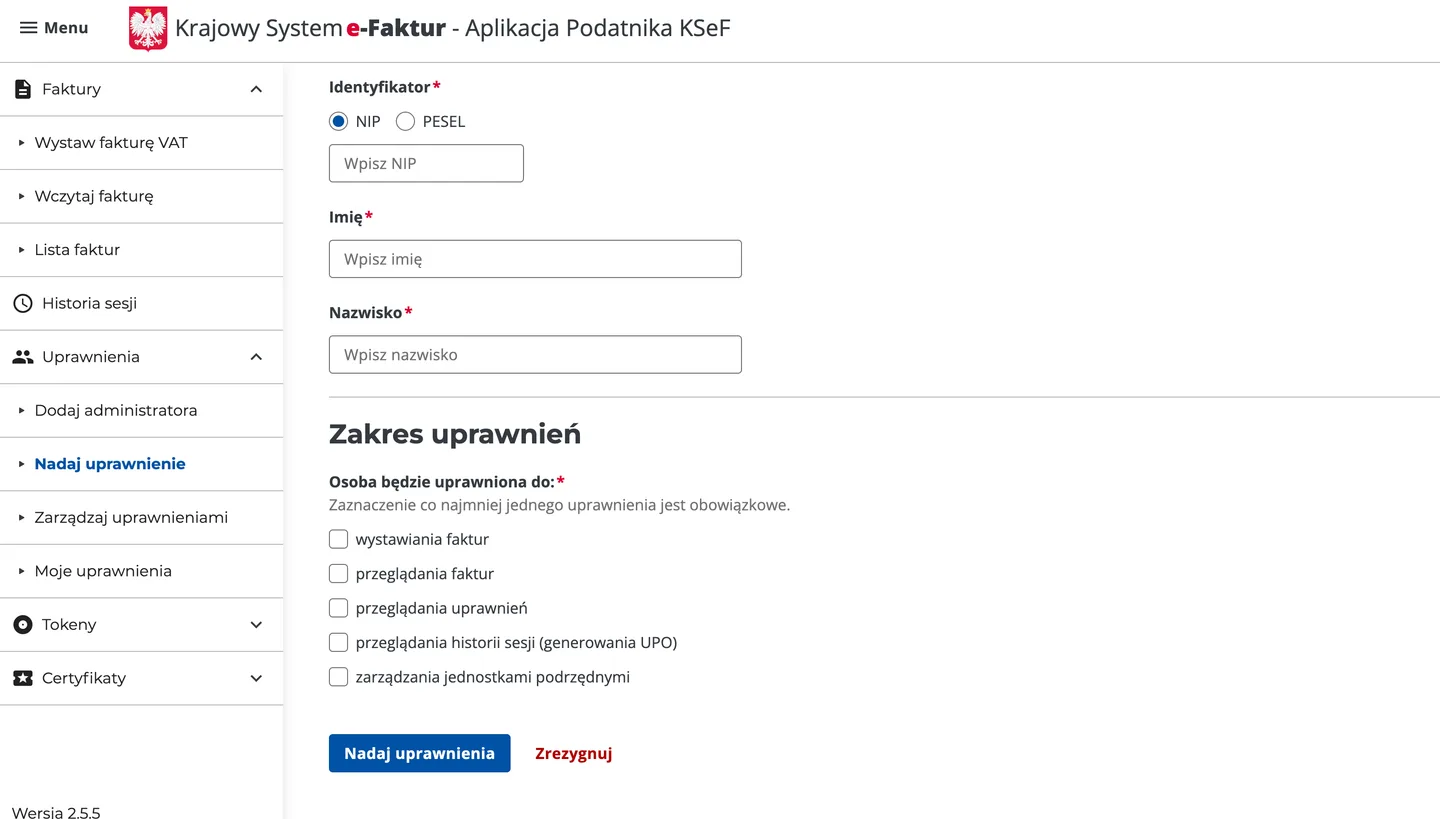 Formularz nadawania uprawnień w KSeF z polami identyfikatora, imienia i nazwiska oraz zakresem uprawnień