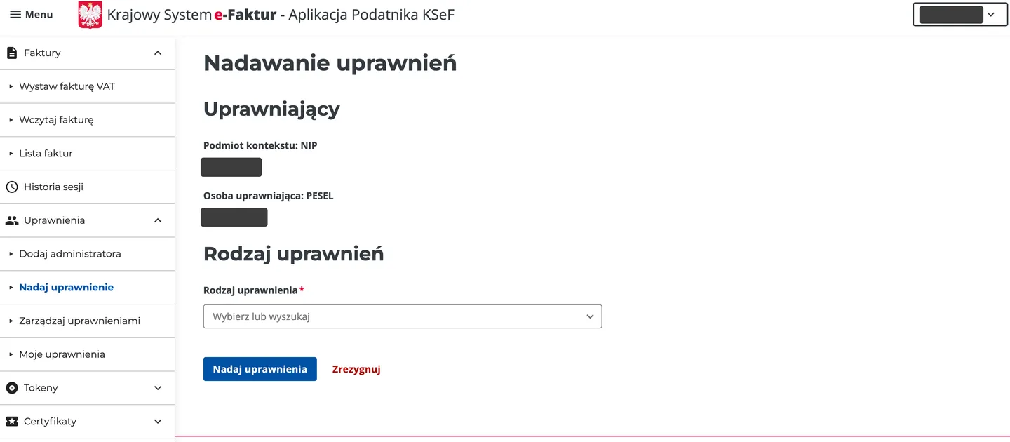 Zakładka Uprawnienia w Aplikacji Podatnika KSeF z menu Nadaj uprawnienie i wyborem rodzaju uprawnień
