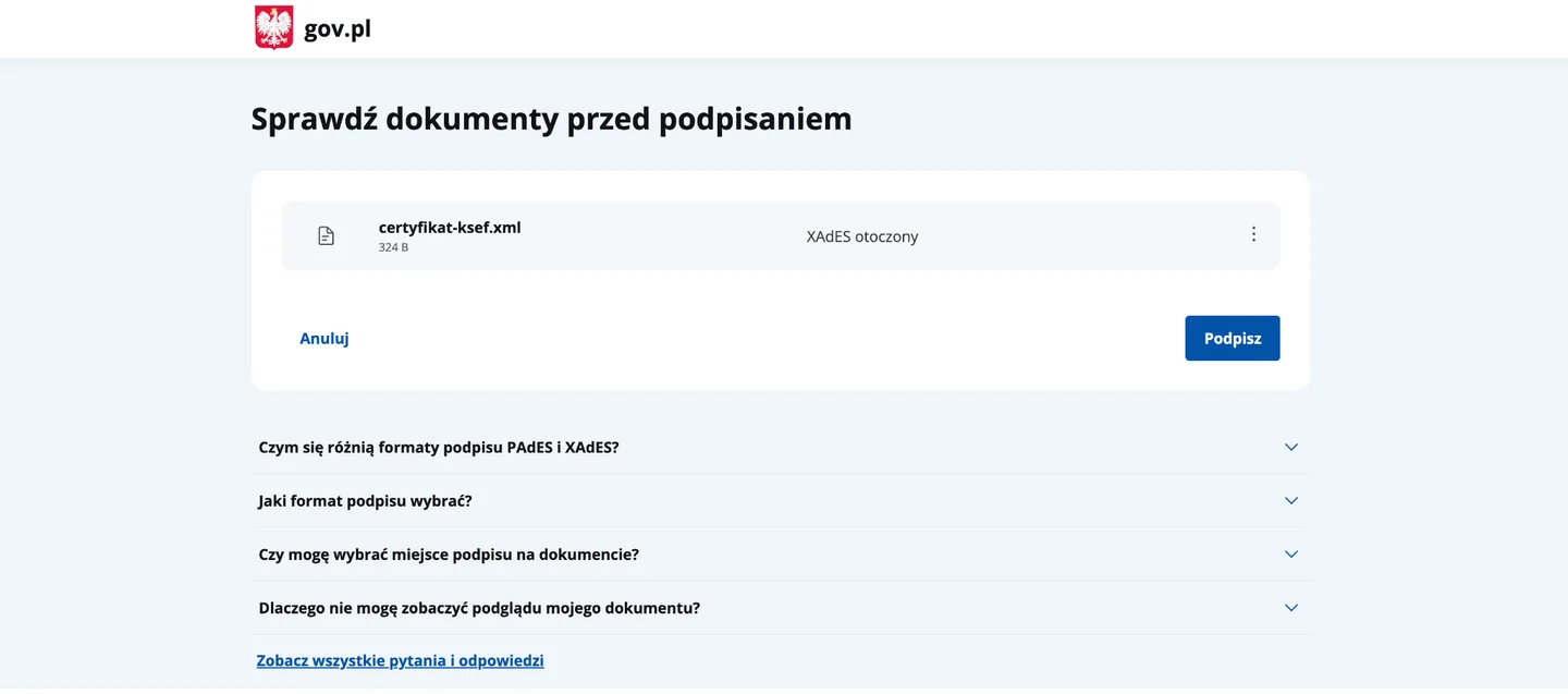 Podpisywanie pliku certyfikat-ksef.xml Profilem Zaufanym na gov.pl