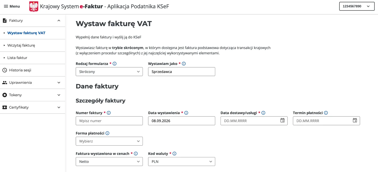 Formularz wystawiania faktury VAT w trybie skróconym w Aplikacji Podatnika KSeF