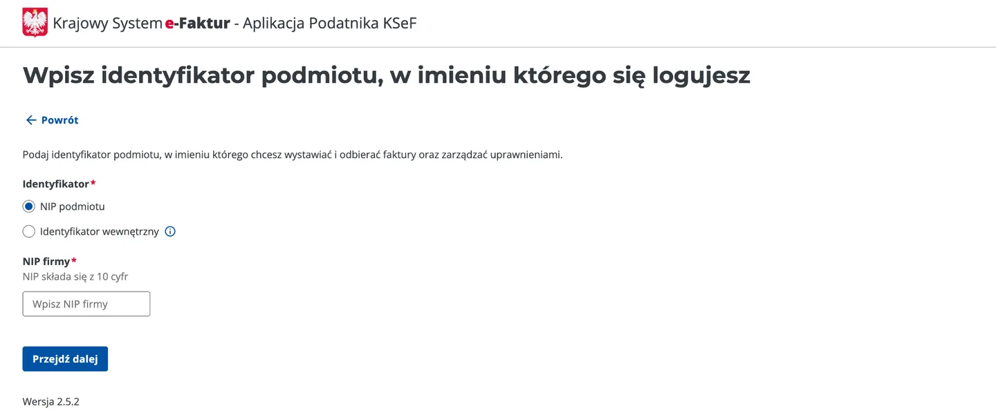 Ekran Aplikacji Podatnika KSeF z polem na NIP firmy, w imieniu której się logujesz