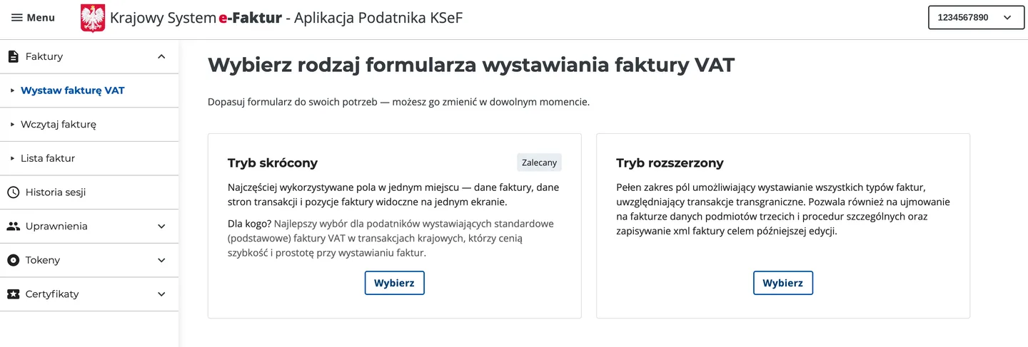 Wybór trybu skróconego lub rozszerzonego przy wystawianiu faktury VAT w KSeF